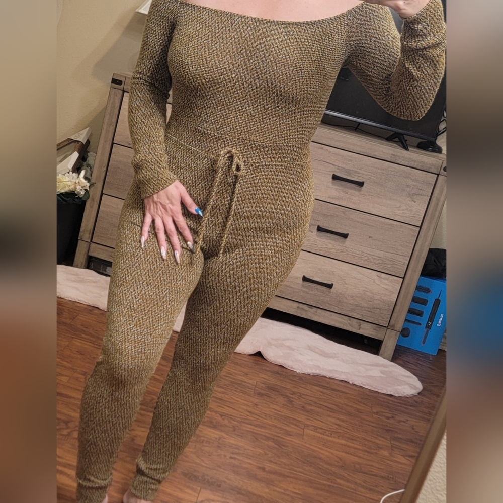 Mustard colored one piece pant suit, high stretch